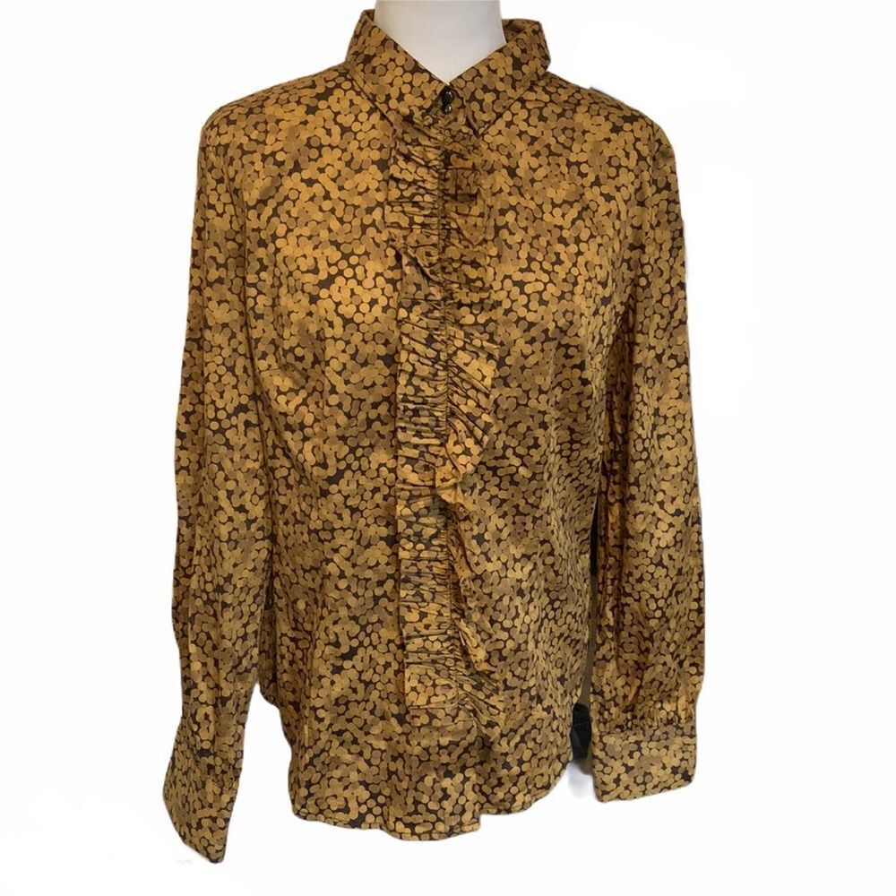 NY & Company Dotted Ruffle Blouse Mustard Brown L